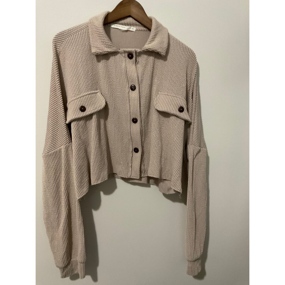 Altard State Womens Medium Beige Waffle Knit Button Up Cropped Shacket Top Boho